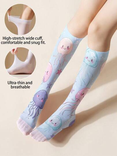 半双装 360 度印花卡通水母图案过膝袜，轻薄透气，可爱甜美少女/JK/洛丽塔风格必备单品