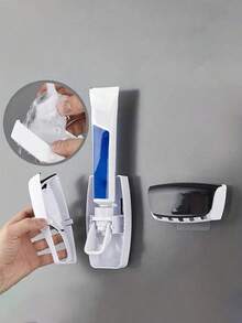 2pcs Wall Mounted Toothbrush Holder With Automatic Toothpaste Dispenser, Holds 5 Toothbrushes, No Electricity Needed, Plastic Material, Bathroom Accessory, Home Decor, Suitable For Autumn, Back To School - Multicolor - View 2