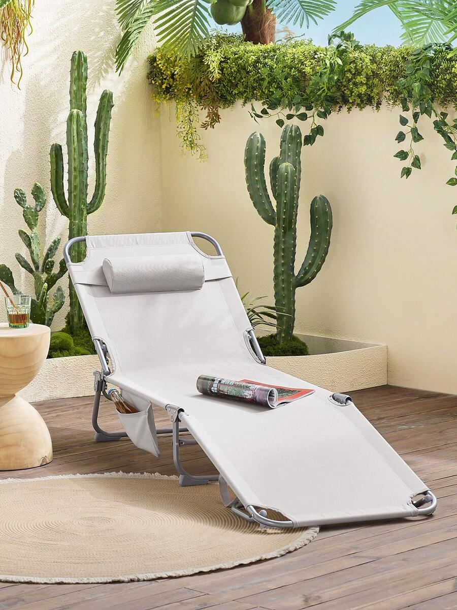 SoBuy Set Folding Sun Lounger Garden Lounger Folding Deck Chair With Headrest & Side Pocket Beach Lounger Balcony Relaxing Lounger 155x56x81cm For Garden Furniture Terrace Camping Beige OGS35-MI