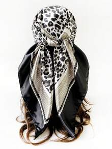 1pc Women's Fashion 90 Square Printed Scarf, Spring/Summer Versatile Neckerchief, Leopard Chain Satin Headscarf,Beach,Holiday - 01-black - View 1