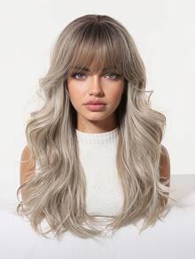 20英寸深棕色带银色挑染长波浪假发，带刘海，女士合成纤维材质，耐热，适合日常、办公、派对、万圣节、圣诞节、感恩节、婚礼、舞会、约会、生日、度假等场合，逼真自然，佩戴舒适。 - 米色 - 查看 3