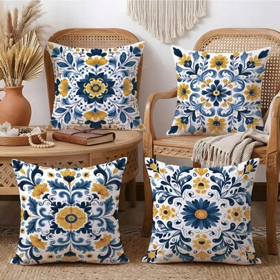 4件套波西米亚风对称曼陀罗几何花卉印花抱枕套（不含枕芯），尺寸：17.7*17.7英寸（45*45厘米）/19.69*19.69英寸（50*50厘米）/15.75*15.75英寸（40*40厘米），单面印花，涤纶材质，蓝黄向日葵花卉图案沙发靠垫套，适用于房间装饰、家居装饰、卧室装饰，可用于沙发、客厅、卧室、汽车、办公室、酒店、民宿等场所，是馈赠亲朋好友的完美礼物。