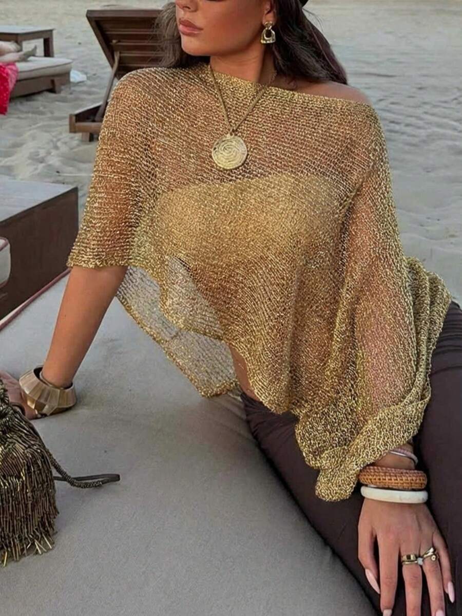 ملابس علوية نسائية قصيرة الأكمام بياقة مستديرة وذيل غير متماثل، متوسطة الطول، من قماش مرن شفاف، مناسبة للعطلات والعمل والحفلات وغيرها من المناسبات الصيفية