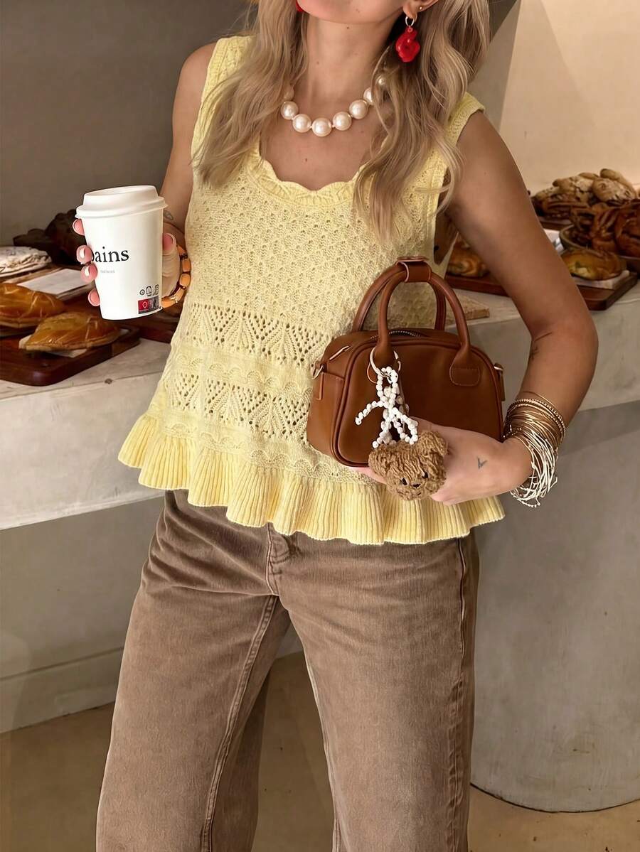 Plus Size Casual Solid Color Knit Vest Summer - Yellow - View 1
