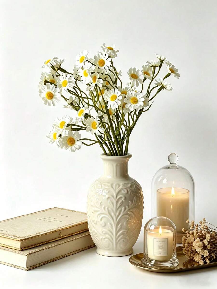 6/12/18/24 Pieces Of Chamomile Artificial Flower Bouquets, Small Daisy Artificial Flower Bouquets, For Living Room, Dining Table, Room, Party, Wedding, Birthday, Photography And Photo-Taking Decoration Props - Random Color Chamomile - View 1