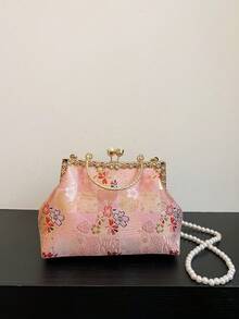 Bolso de embrague bordado con estampado de cuadros, bolso bandolera con perlas falsas, bolso de noche retro, bolso de vestido formal - Rosa - Ver 5
