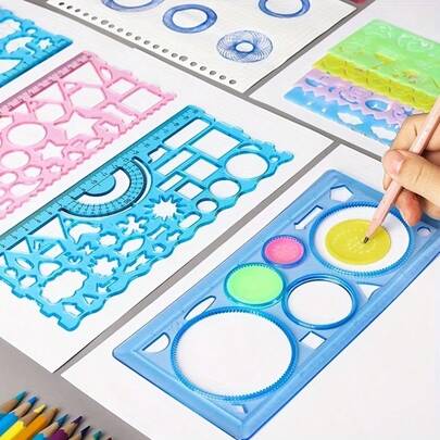 Bộ 7 khuôn mẫu vẽ hình học, thước kẻ đa năng, thước đo.