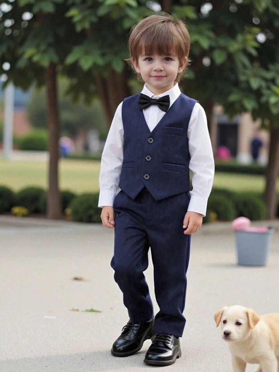 Conjunto de traje formal de 4 piezas para niños, esmoquin para niños pequeños, atuendo de padrino, chaleco, pantalones, camisa, corbata, azul marino, talla 3-10 años - Azul Marino - Ver 1