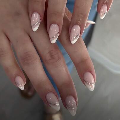 24 Pieces Press On False Nails Medium To Long Almond Shaped/Elegant Nude Pink French Silver Line Almond Press On Nails, Minimalist Luxury Style/