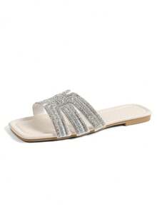 Giày nữ dáng rộng mới, dép lê đính pha lê, sandal casual, sandal đế bằng, giày slip-on thời trang đa năng, phù hợp cho mang hàng ngày. - trắng - Xem 6