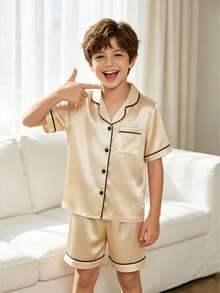 Tween Boy Champagne Gold Lapel Neck Short Sleeve Single-Breasted Top And Shorts 2-Piece Casual Pajama Set - Champagne - View 5