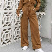 Women's Corduroy Long Sleeve Two-Piece Set, Elegant Casual Aerolook, Perfect Fit, Jacket With Buttons And Functional Pockets, Sizes M And L, Premium Quality, Various Colors Available, Autumn/Winter Season, Warm - 駝色 - 查看 5