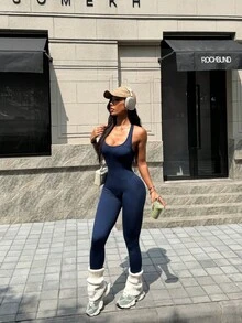 Slayoga 無縫高彈性性感運動連身衣，適合運動與休閒穿著，夏季風格 - 藏蓝色 - 查看 3
