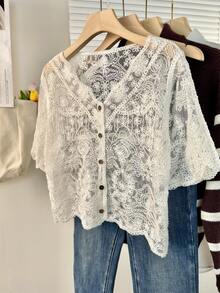 Wixra French Retro Lace Short Sleeve Blouse, Versatile Loose Fit Breathable Casual Top - White - View 3