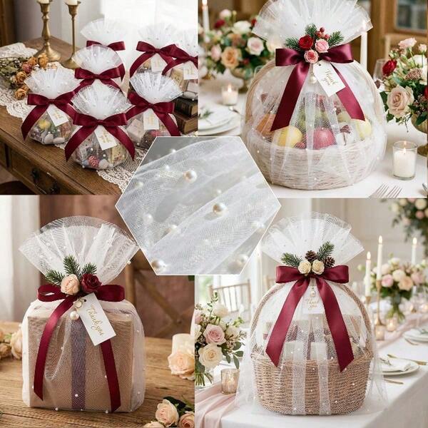 Set de 7 piezas, Set de 5 piezas, Set de 1 pieza de bolsas de regalo de tul con perlas blancas (incluye cinta blanca), bolsas de regalo de tul con perlas blancas, material de tul transparente con perlas para bolsas de regalo de boda, decoración de boda y maquillaje nupcial, elegantes bolsas de regalo para fiestas de boda, empaquetado de regalo de tul de poliéster para manualidades DIY, bodas, fácil de cortar y dar forma, adecuado para empaquetar regalos, decoración de bodas, arreglos florales y otras ocasiones, opción ideal de empaquetado de regalo para diversos festivales.