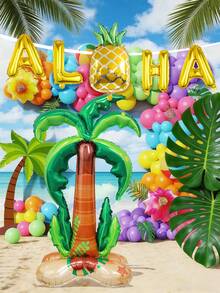 6pcs Coconut Pineapple Foil Balloon Set, Includes Green Oversized Standing Coconut Tree Foil Balloon, Letter Balloons, Green Leaf Pineapple, Suitable For Summer Theme, Birthday Party, Tropical Aloha Party Decoration - Multicolor - View 1