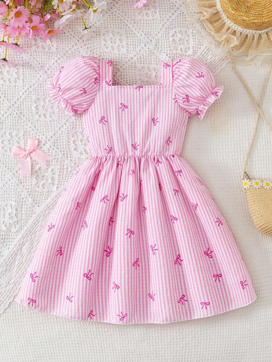 Young Girl Fashion Casual Striped Contrast Color Bow Print Elastic Cuff Short Sleeve Square Neck A-Line Skirt Dress, Daily Casual, Weekend Outings, School Daily Wear Summer Girls Dress - Pink - View 1