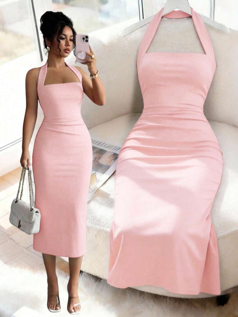 Women's Solid Color Elegant Midi Dress, Slightly Sheer In Light-Colored Fabric, Suitable For Daily Wear, Parties, And Dating Occasions - Pink - View 1