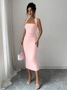 Women's Solid Color Elegant Midi Dress, Slightly Sheer In Light-Colored Fabric, Suitable For Daily Wear, Parties, And Dating Occasions - Pink - View 3