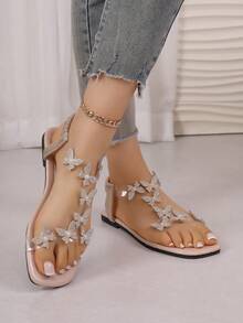 Teen Glitter Butterfly Ankle Strap Flats - Crystal & Pearl Dressy Sandals - Beige - View 8