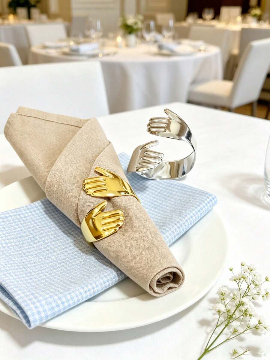 6/10/12pcs Reusable Gold-Plated Alloy Two Hands Embracing Each Other Napkin Rings: Smooth Edge, Easy To Clean, Suitable For Wedding Party Celebration And Holiday Dinner - Multicolor - View 1