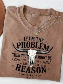 Unisex Washed Distressed T-Shirt Cotton Blend Casual Oversized Tee.Women'S Washed T-Shirt "If I Am Problem, Then You May Be The Reason" |   Western Retro Bullhead Pattern, Country Music Concert Shirt, Soft Retro Crew Neck, Summer Casual Top,Valentine Outfits For Women,Valentine's Day Gift,St. Patrick's Day Outfits,Women's Washed Distressed T-Shirt - 咖啡棕 - 查看 10