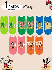 Disney 迪士尼袜子 1/5 双装 女士/情侣短袜，个性化设计，充满乐趣，色彩丰富，创意卡通图案，适合作为节日礼物，舒适透气，增添家庭氛围，时尚百搭，男女皆宜，趣味卡通袜子，米奇、米妮、唐老鸭、黛丝、高飞、布鲁托 - 彩色 - 查看 9