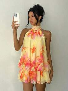 Elegant Women's Mini Dress With Halter Neck And Bow In Light Yellow - Multicolor 2 - View 4