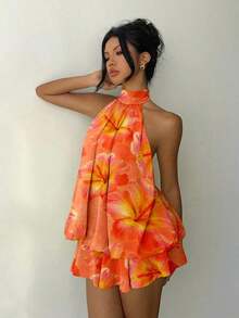 Vestido mini elegante de mujer con cuello halter y lazo en color amarillo claro - Multicolor 7 - Ver 5