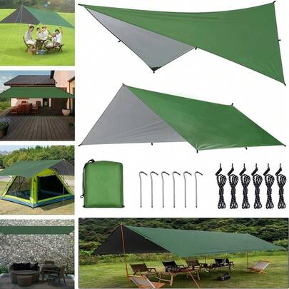 3x3 Meter Camping Tent Awning/Canvas, Sun-Protective, UV-Protective, Rainproof, Lightweight, Portable, Outdoor Use (Comes With 6 Tent Pegs + 6 Ropes). Can Be Used As A Hammock Rain Cover, Simple Tent Tarpaulin, Or Picnic Mat.  This 3x3 Meter Outdoor Camping Awning Is Lightweight And Portable, UV-Protective And Rainproof. The Tent Awning Comes With 6 Tent Pegs And 6 Ropes. It Can Be Used As A Hammock Rain Cover, Tent Tarpaulin, And Is Easy To Set Up. It Can Also Be Used As A Picnic Mat, Beach Tarpaulin, Hiking Tarpaulin, Fishing Tarpaulin, Garden Tarpaulin, Backyard Tarpaulin, Travel Tarpaulin, And Outdoor Adventure Gear.