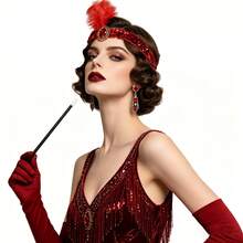 5 pièces Ensemble d'accessoires de costume pour soirée de gala de luxe, réunion annuelle, représentation sur scène, dans le style rétro des années 1920, thème de fête jazz et mascarade - Rouge - Voir 4