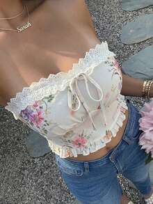 Top Bandeau Corto de Encaje Estilo Sensual Francés para Verano - blanquecino - Ver 3