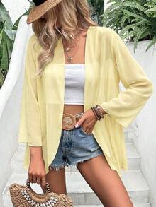 EARO Vacation Casual Solid Color Flare Sleeve Sheer Lightweight Jacket - Light Yellow - View 3