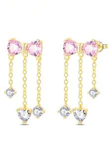 925纯银创意粉色蝴蝶结锆石、心形和圆形锆石流苏耳环，适合日常佩戴 - 彩色 - 查看 9