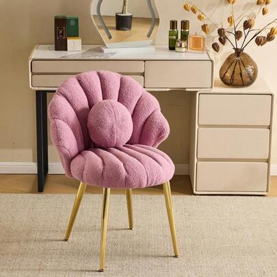 Vingli Shell-Shaped Teddy Fleece Accent Vanity Chair With Back,Comfy Purple And Gold Desk Chair No Wheels,Cute Small Pearl Deco Pillow,Gift For Girls/Women,For Makeup,Office,Dining,Nail,Sewing,Bedroom