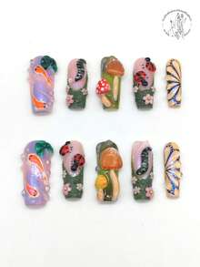 10片纯手工压制美甲贴片，长度33毫米，春季新款，绿色美甲贴片，紫色渐变美甲贴片，立体蘑菇造型、瓢虫造型、毛毛虫造型、3D粉色花朵造型、游鱼造型、水仙花造型、立体线条翅膀造型。可爱春季美甲，可个性化定制。 - 彩色 - 查看 2