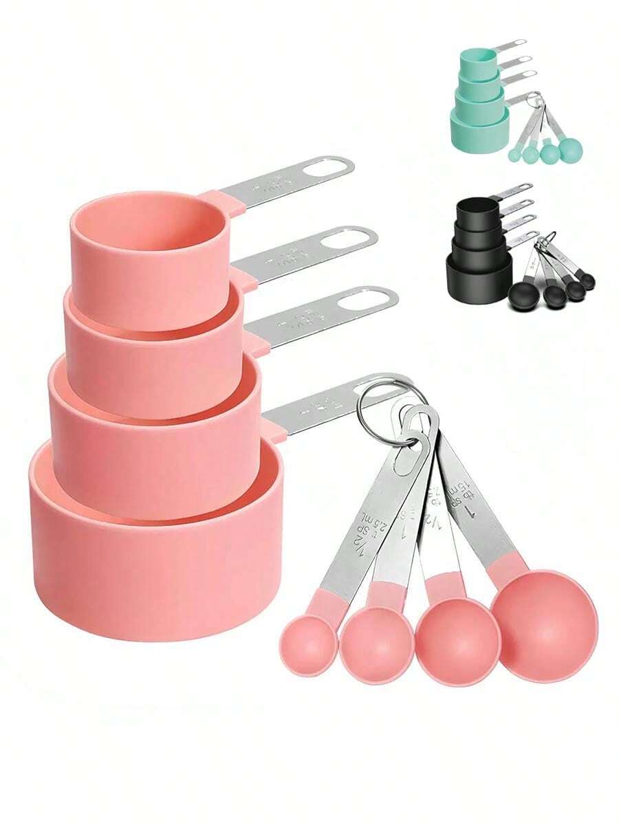 Juego de 8 piezas de tazas y cucharas medidoras de acero inoxidable - Cuchara de café con mango, cuchara medidora apilable, lavable en lavavajillas, taza y cuchara medidora de acero inoxidable, herramienta de cocina para cocinar y hornear, disponible en negro, verde, rosa