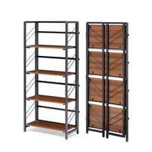 Estante de oficina plegable de 4 niveles - estante de almacenamiento de estantería vintage - marco de metal resistente, organizador de ahorro de espacio - marco negro con madera marrón, cuatro estantes - Negro + marrón - Ver 1