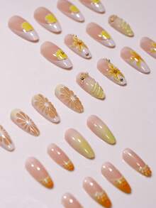 Bộ quà tặng móng giả acrylic hình chữ nhật 24 chiếc, họa tiết mùa hè 3D bong bóng chanh, màu vàng tươi và trắng sữa chuyển sắc, hoa 3D, hạt thép nhỏ, chấm bi cam, ngọc trai trắng, kiểu Pháp, phụ kiện cần thiết cho mùa hè đi biển. Bao gồm 1 miếng dán keo và 1 bộ dũa móng. - Nhiều màu - Xem 2