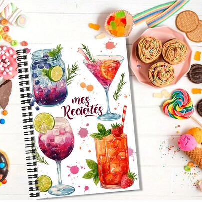Watercolor Beverage Illustration Recipe Spiral Notebook, Suitable For Home Chefs To Record Kitchen Diary, Make Cooking Plans, Also Can Be Used As Study Notes. Exquisite Cover, Practical Inner Pages, Suitable For Self-Use Or Gift, Launching A New Creative Cooking Recording Experience.