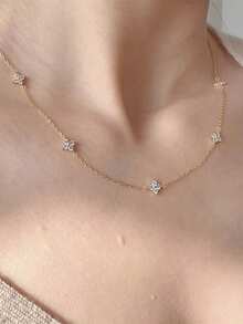 1 chiếc vòng cổ nữ, kiểu nhiều lớp, vòng cổ hình cỏ bốn lá đính đá Zirconia và tua rua bằng đồng, thích hợp cho mùa xuân/hè, phụ kiện đeo hàng ngày (Không kèm hộp quà) - Vàng - Xem 9