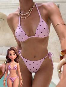 Bộ bikini tam giác chấm bi hồng đen phong cách ngọt ngào, đồ bơi gợi cảm buộc dây cổ giúp thon gọn vóc dáng. - Nhiều màu - Xem 1