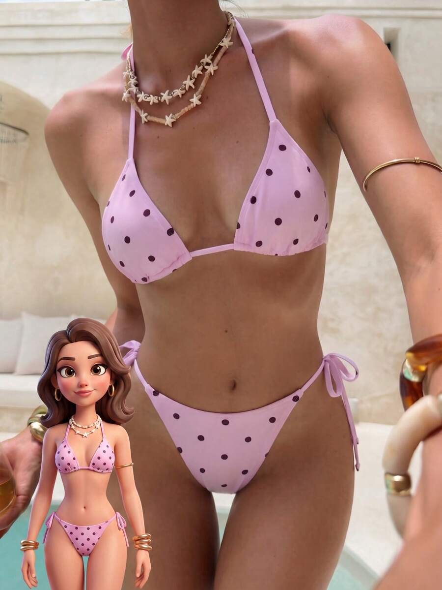 Bộ bikini tam giác chấm bi hồng đen phong cách ngọt ngào, đồ bơi gợi cảm buộc dây cổ giúp thon gọn vóc dáng. - Nhiều màu - Xem 1
