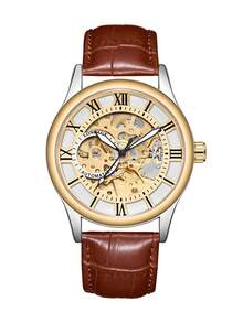 LONGLUX 1 chiếc đồng hồ nam tự động, máy cơ rỗng, chống nước, dây da, hiển thị ngày bằng chữ số La Mã, quà tặng. - Cà phê nâu - Xem 7