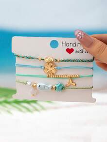 4pcs/Set Summer Bohemian Style Handmade Woven Rope Bracelet Set, Includes Sand Dollar, Shell, Star Pendant, Ocean Theme Layered Bracelets, Gift For Women - Multicolor - View 2