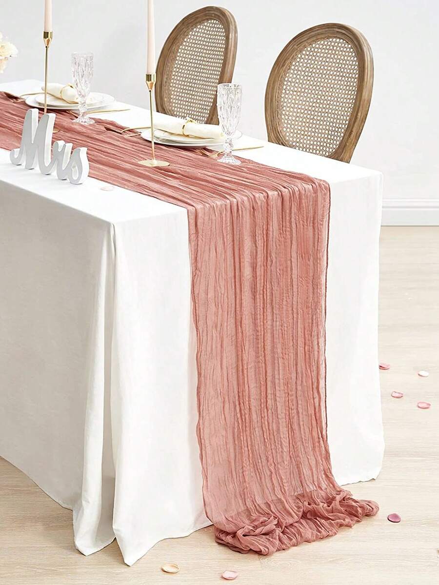 1pc Coral Pink Chiffon Ruffle Design Table Runner, Solid Color Tablecloth, Suitable For Holiday, Graduation, Birthday Party Decor, Wedding Accessories, Family Holiday Party Table Decor, Baby Shower, Bridal Shower Tablecloth, Party Table Runner, Cheese Cloth Table Runner, Table Decor