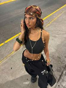 1pc Women's Bohemian Style Chain Printed Scarf, Summer Multipurpose Vintage Silk-Like 50cm Scarf, Headband, Suitable For Daily Wear And Holiday Gifts,Accessories,Beach Towel - Brown - View 1