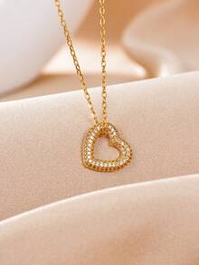 1 Pc Pave Zirconia Heart Necklaces For Women Gold Color Heart Pendant Necklace Fashion Jewelry,Perfect Gifts For All Accassions - Multicolor - View 2