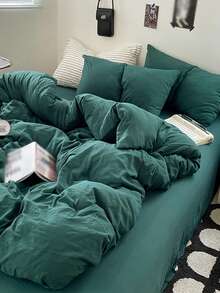 3pcs Blue & White Patchwork Soft Polyester Duvet Cover Set - Dark Green - View 4