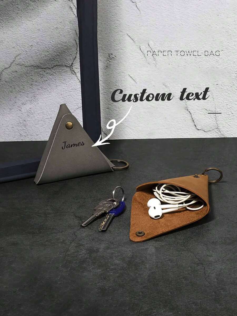 Leather Solid Color Customized Data Cable Storage And Protection Customized Text LOGO Vintage European And American Style Pouch Triangle Keychain Bag Data Cable & Bluetooth Earphone Storage Bag Suitable For Going Out Decoration Earphone Storage Coin Key Convenient To Carry Holiday Party Gift Giving Mother's Day Birthday - Multicolor - View 1